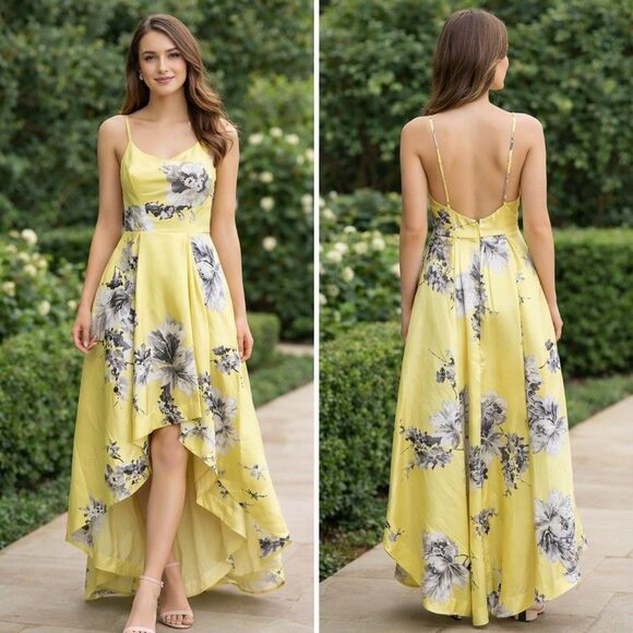 Speechless Dresses & Skirts - Speechless Yellow Floral High Low Dress Size 5 Spaghetti Strap Prom Formal Satin